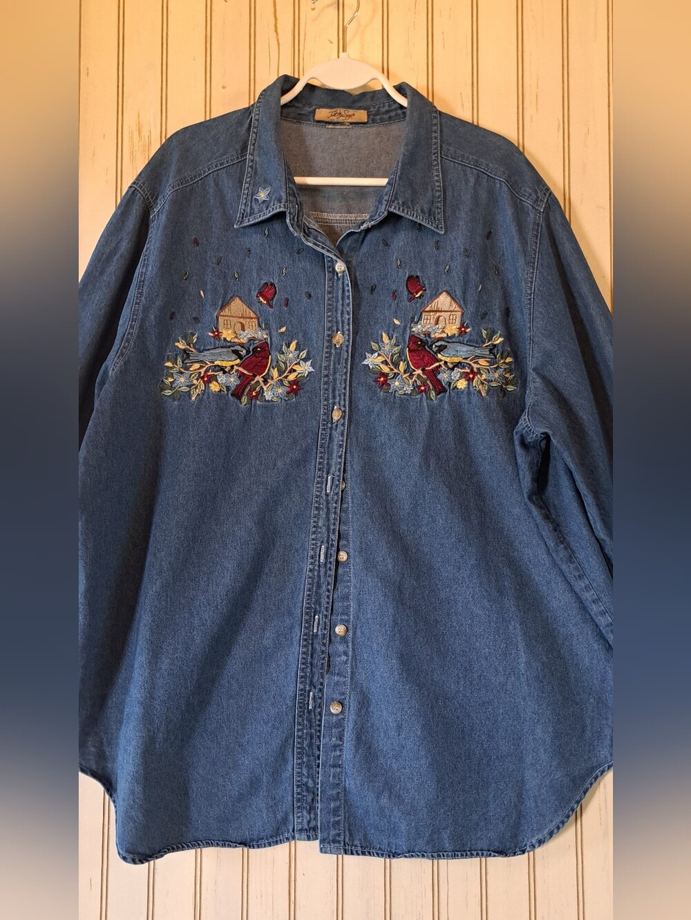 Just My Size Denim Shirt size Long Sleeve Embroidered Red Birds Y2k Vtg 2x-3x